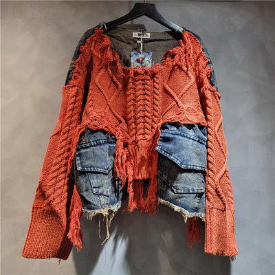 Suéter de Cuello Redondo Denim con Tejido Trenzado y Costuras de Diseño - Image 3