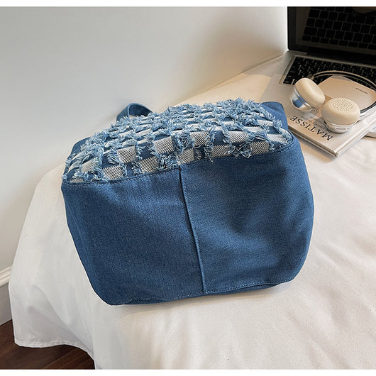 Bolsa Tote de Mezclilla Lavada con Patrón Escocés y Gran Capacidad - Image 25