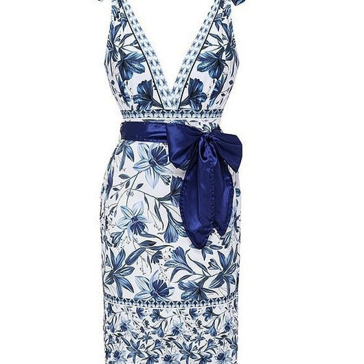 Women's white one-piece swimsuit with deep V-neck, blue floral and geometric patterns, and tie-shoulder straps. - Image 4