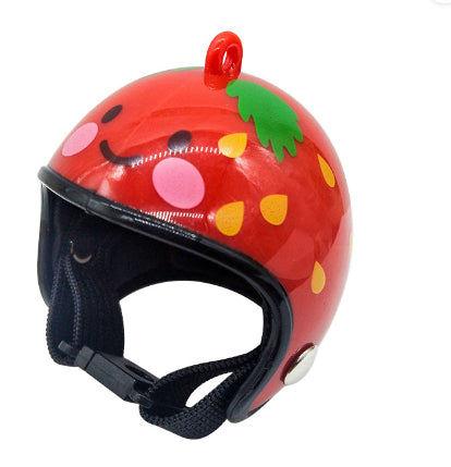 Red pet helmet with a strawberry design, featuring a smiling face, green leaves, and yellow seeds. - Image 22