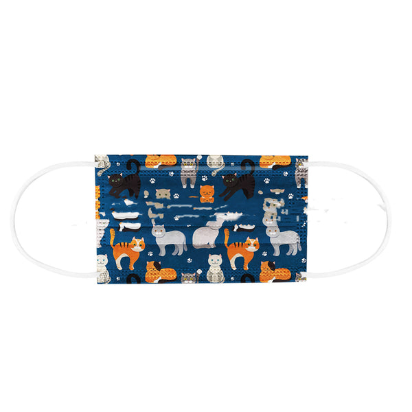 Children's disposable protective mask with a playful cat and paw print pattern on a dark blue background, featuring white ear loops.
