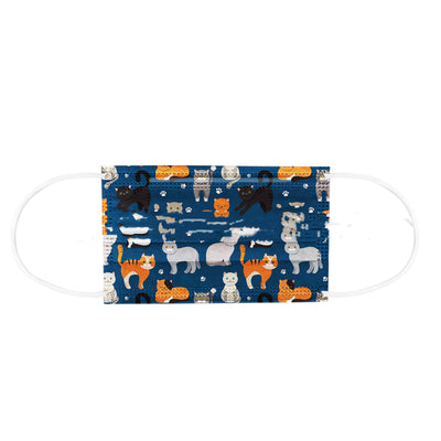 Children's disposable protective mask with a playful cat and paw print pattern on a dark blue background, featuring white ear loops.