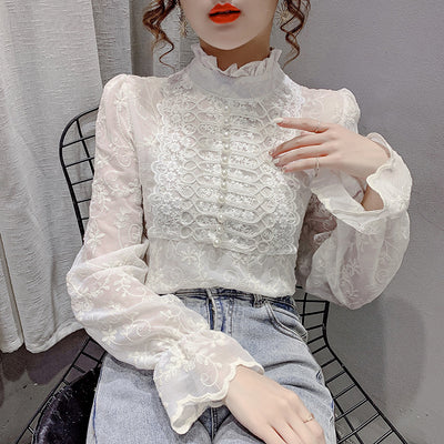 Blusa de Encaje con Cuello Semialto y Mangas Farol - Image 3