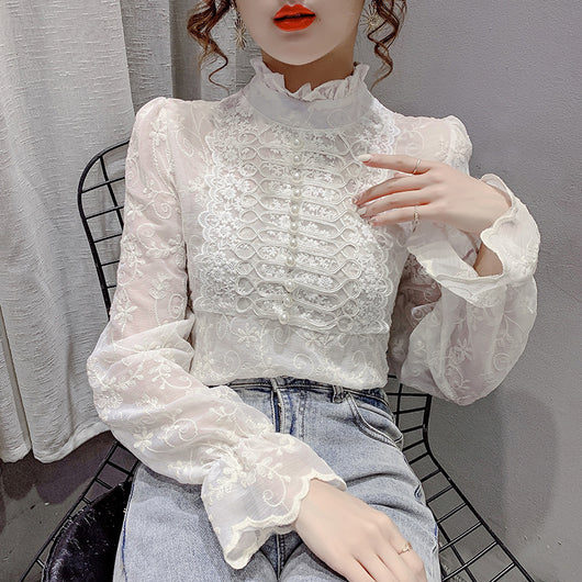 Blusa de Encaje con Cuello Semialto y Mangas Farol - Image 3