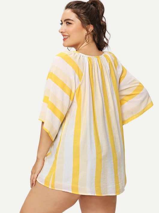 Blusa Rayada Suelta con Manga Corta y Detalle de Flecos - Image 12