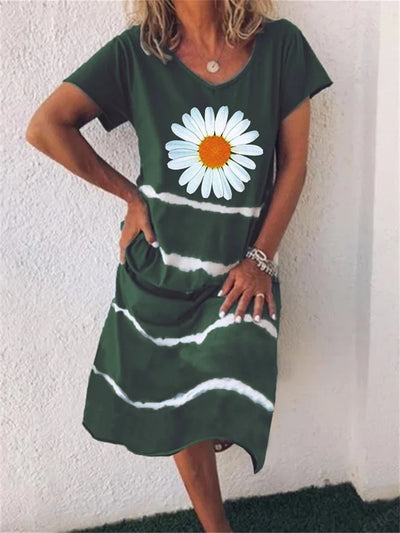 Vestido de Verano Estampado Girasol con Rayas - Manga Corta para Mujer - Image 6