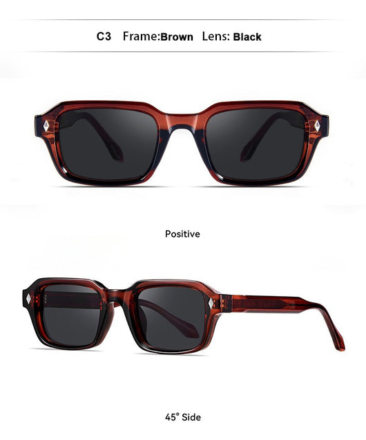 Black square-frame sunglasses with dark lenses and small silver diamond accents on the temples. - Image 11