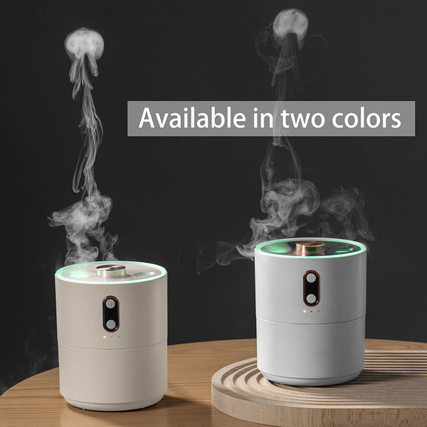 White cylindrical desktop humidifier with rose gold accents, black top, and front control buttons.