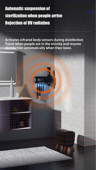 White wall-mounted toothbrush sterilizer with UVC ultraviolet light, holding four electric toothbrushes. Features a digital display and blue sterilization light - Image 12