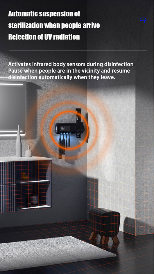White wall-mounted toothbrush sterilizer with UVC ultraviolet light, holding four electric toothbrushes. Features a digital display and blue sterilization light - Image 12