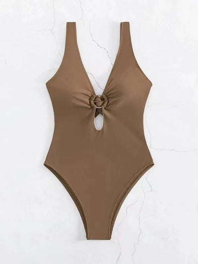 Women's lavender one-piece swimsuit with a deep V-neck, silver O-ring detail, and a keyhole cutout at the bust. - Image 13