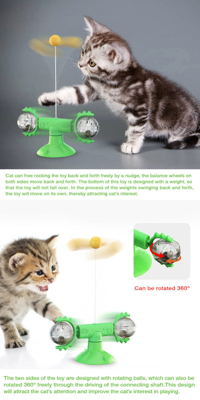 Yellow cat turntable windmill toy with a smiling face, spring, rotating arms, and a feather wand. Two kittens play with the toy. - Image 15