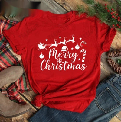 Red women's t-shirt with "Merry Christmas" text and three Christmas trees, featuring buffalo plaid and leopard print. - Image 7