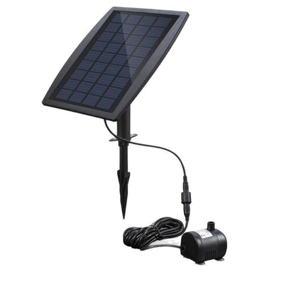 5W solar fountain kit with black solar panel on a ground stake, water pump, coiled hose, and various nozzles. - Image 5