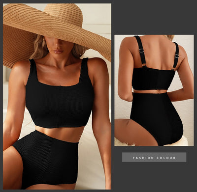 Women's black and white color block swimsuit set with a square neck crop top and high-waisted bottoms. - Image 6