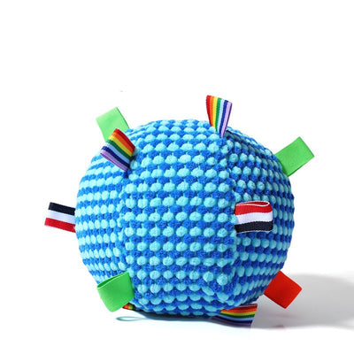 Pink and purple textured pet ball toy with colorful fabric tags, including solid green, orange, and rainbow stripes. - Image 7