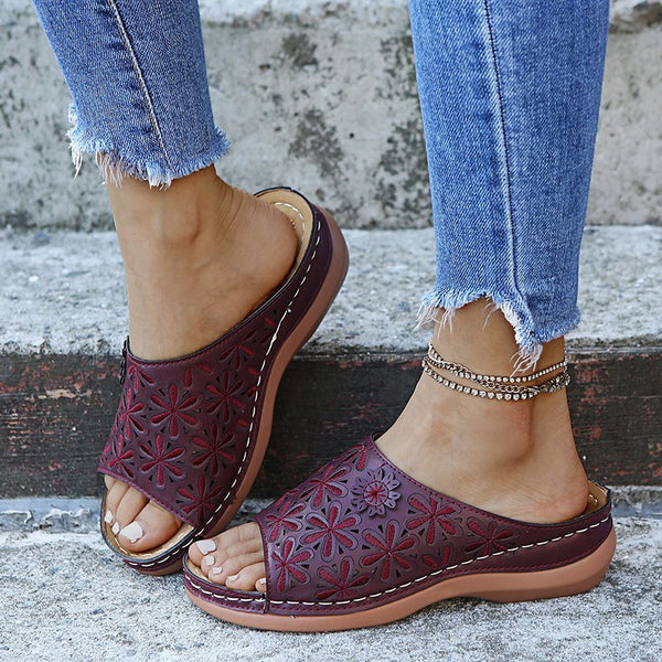 Sandalias Retro Mujer con Flores Caladas - Zapatos de Verano para Exterior