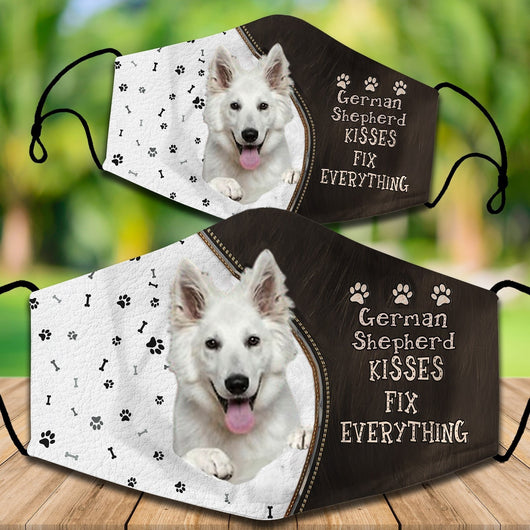 Two cotton face masks with a Bichon Frise dog, paw prints, and bones on a white and brown background. Text reads "Bichon Frise KISSES FIX EVERYTHING." - Image 34