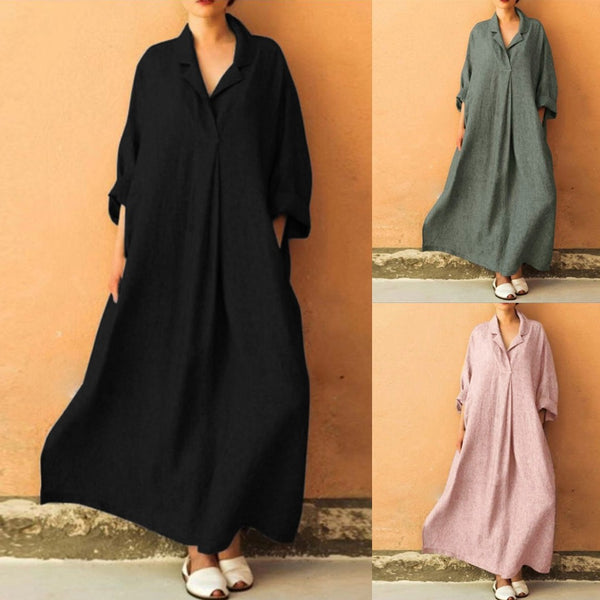 Vestido Bohemio Holgado Largo Hasta el Tobillo con Mangas Farol para Oficina