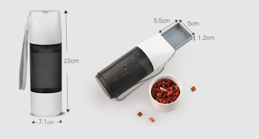 White and translucent gray portable pet water bottle with integrated food container and carrying strap. - Image 8