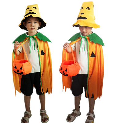 Orange pumpkin hat with a smiling jack-o'-lantern face, featuring a conical shape and small stem detail.