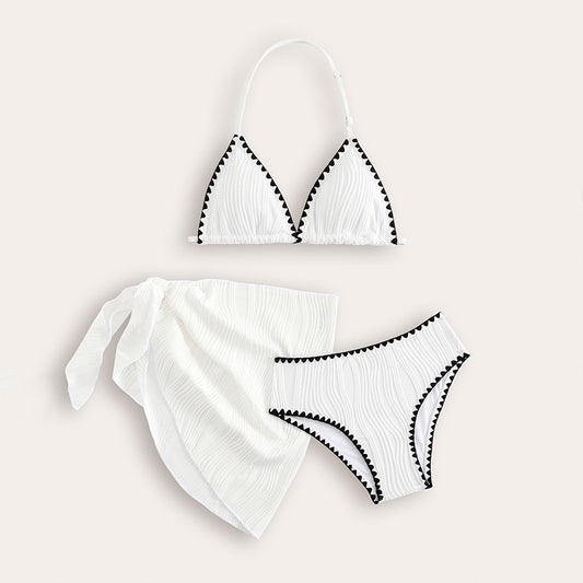 Traje de Baño Tres Piezas Color Sólido para Playa y Vacaciones