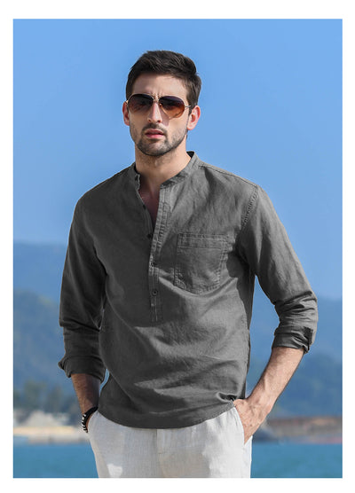 Camisa Casual de Lino y Algodón con Cuello Mao para Hombre - Image 24