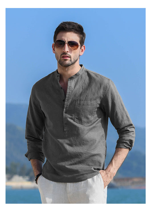 Camisa Casual de Lino y Algodón con Cuello Mao para Hombre - Image 24