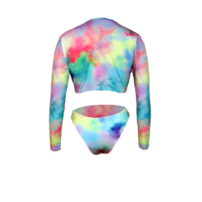 Women's tie-dye long-sleeve crop top swimsuit with high-cut bikini bottoms, featuring a colorful print. - Image 12