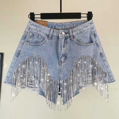 Short Jeans Cintura Alta Slim con Flecos y Abalorios Estilo Europeo - Image 14