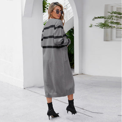 Suéter Chaqueta Larga con Costuras a Rayas para Mujer - Image 4