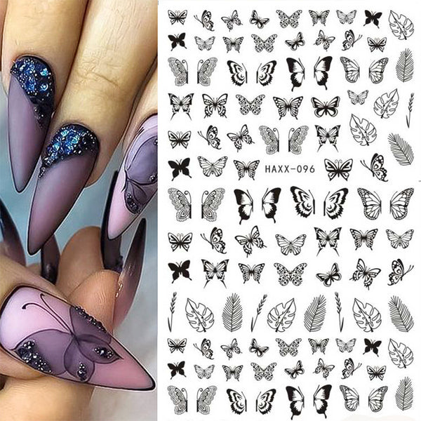 Calcomanías de Uñas Mariposa Negra con Flores Blancas - Adhesivas para Manicura