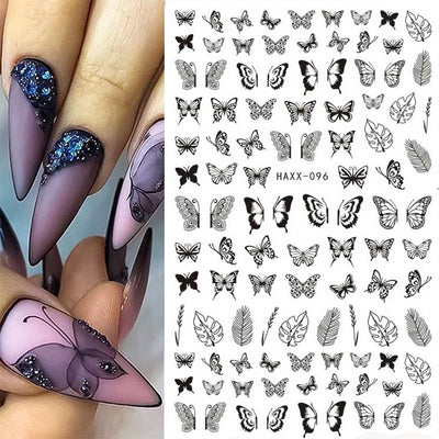 Calcomanías de Uñas Mariposa Negra con Flores Blancas - Adhesivas para Manicura
