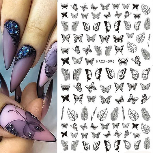 Calcomanías de Uñas Mariposa Negra con Flores Blancas - Adhesivas para Manicura