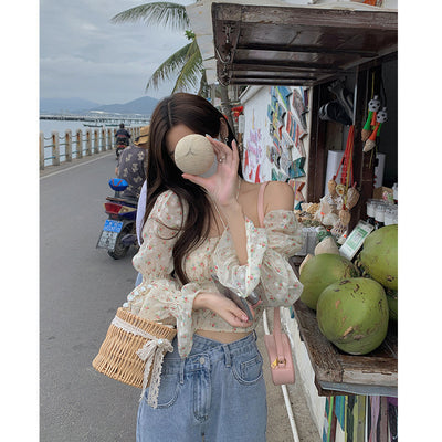Blusa Floral con Mangas Abullonadas Estilo Retro Dulce para Mujer