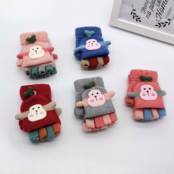 Guantes de Lana Tejida de Medio Dedo con Diseño de Mono