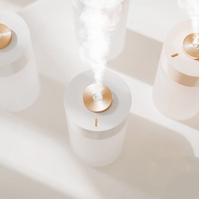 White and clear cylindrical car air humidifier with a gold top accent, designed for in-car air hydration. - Image 13