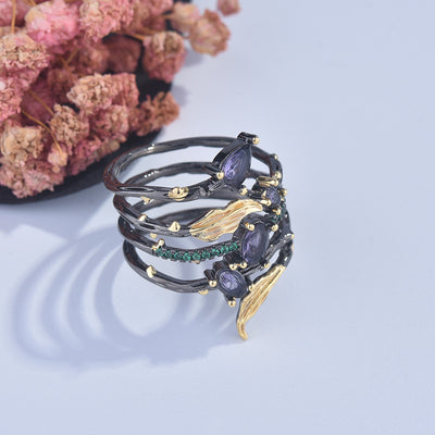 Anillo de Diamante Multicolor con Diseño de Hoja y Pluma - Image 16