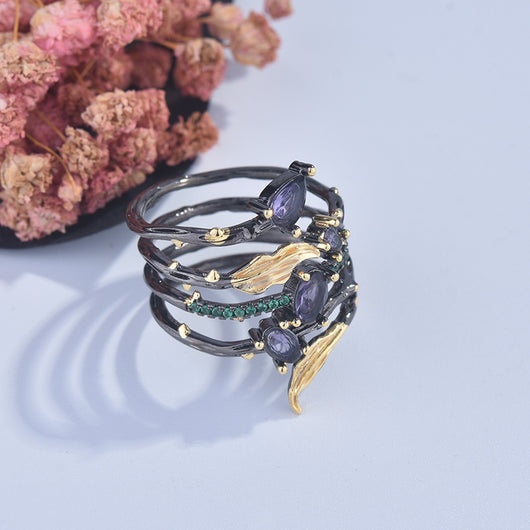 Anillo de Diamante Multicolor con Diseño de Hoja y Pluma - Image 16