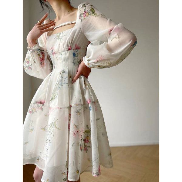 Vestido Elegante Estilo Francés con Cuello Cuadrado y Estampado
