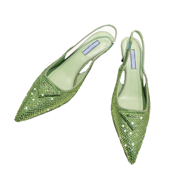 Sandalias de Tacón Gatito con Punta Triangular y Cristales Brillantes para Mujer