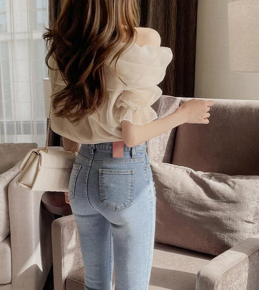 Blusa Entallada de Manga Abullonada en Tul Liso - Image 2