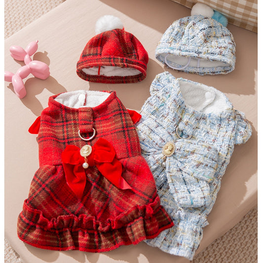 Vestido Elegante Tipo Chanel con Moño para Mascotas - Abrigo Cálido para Otoño e Invierno