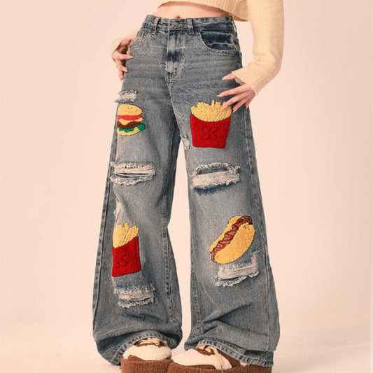 Pantalones Vaqueros Rotos Oversized de Pierna Recta Ancha para Mujer