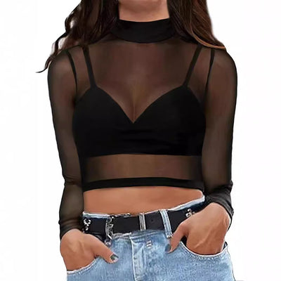 Blusa Mesh Ajustada Transparente de Manga Larga para Mujer - Image 11