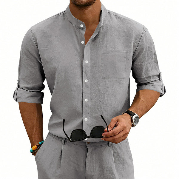 Camisa de Lino Estilo Americano con Cuello Mao y Mangas Medianas para Hombre