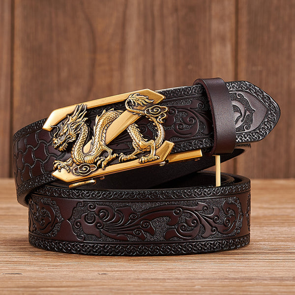 Cinturón de Cuero Grabado para Hombre con Hebilla Dragón Automática