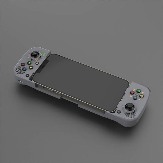 Teal mobile phone wireless game handle with a smartphone inserted, displaying a game, compatible with iOS and Android.