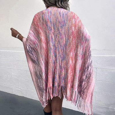 Abrigo Poncho Tejido con Borlas de Colores Contrastantes para Mujer - Image 8