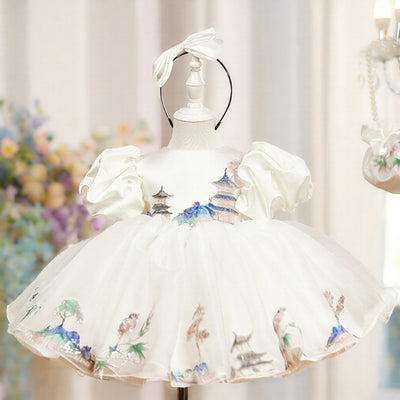 Vestido de Fiesta Infantil Blanco con Mangas Abullonadas de Satén - Image 2
